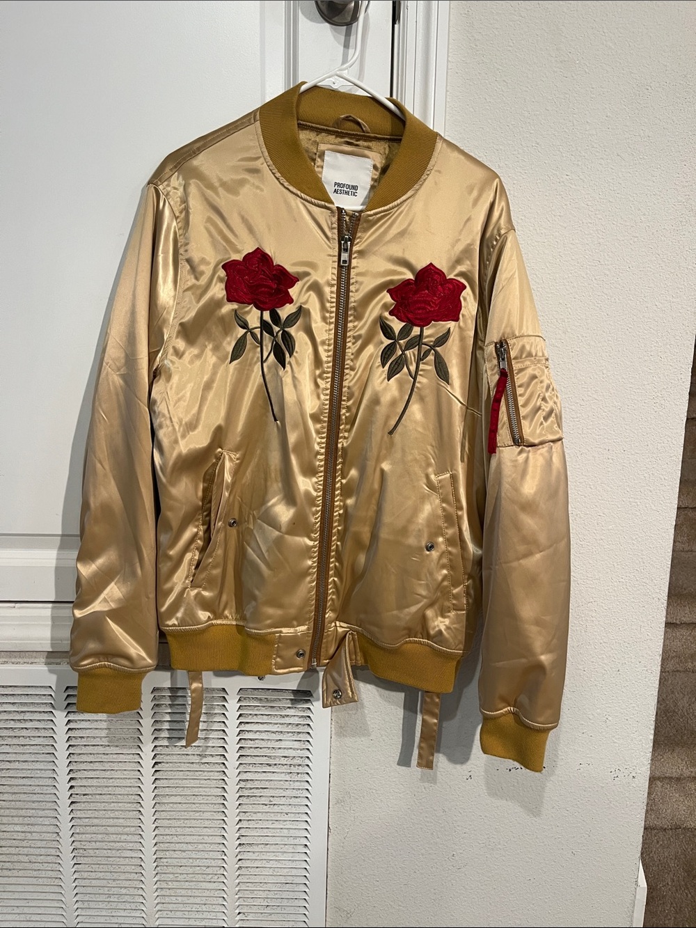 Gold Satin Bomber Jacket with Red Rose Embroidery